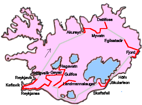 Carte (réactive) de l'Islande avec l'itinéraire